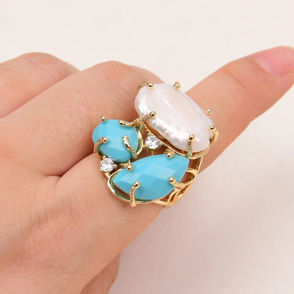 Natural Turquoise Stones and White Keshi Pearl Ring