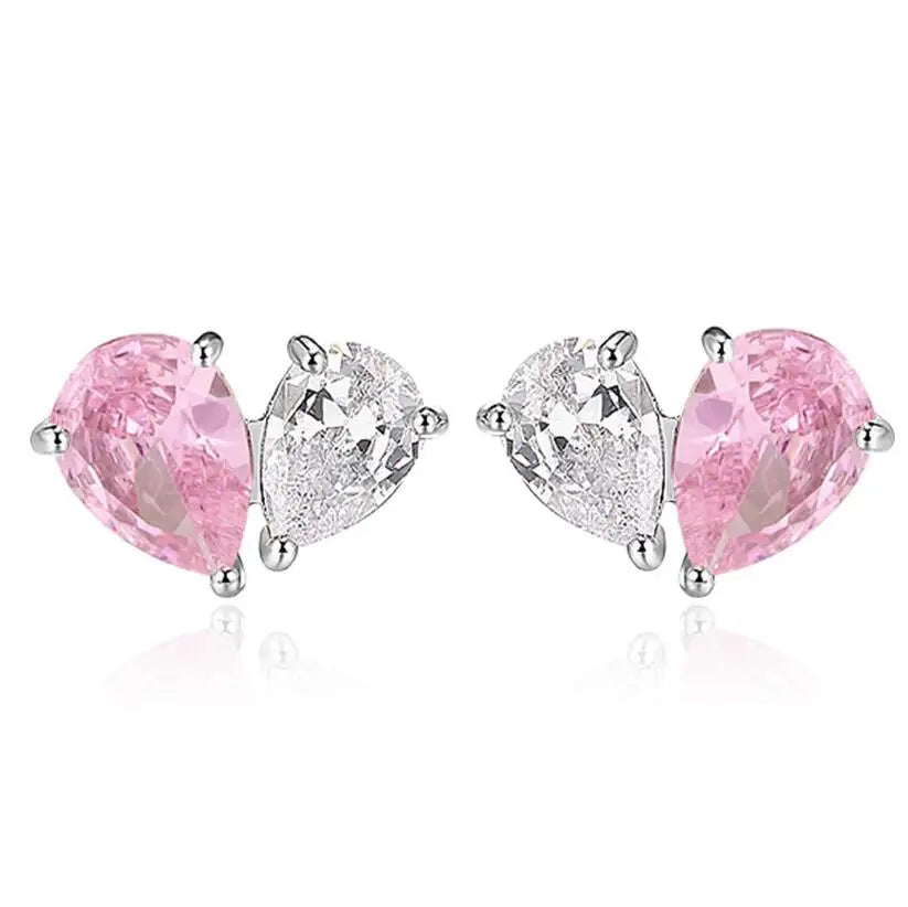 Pear Cut Pink & Zircon Heart Studs Earrings  - Silver