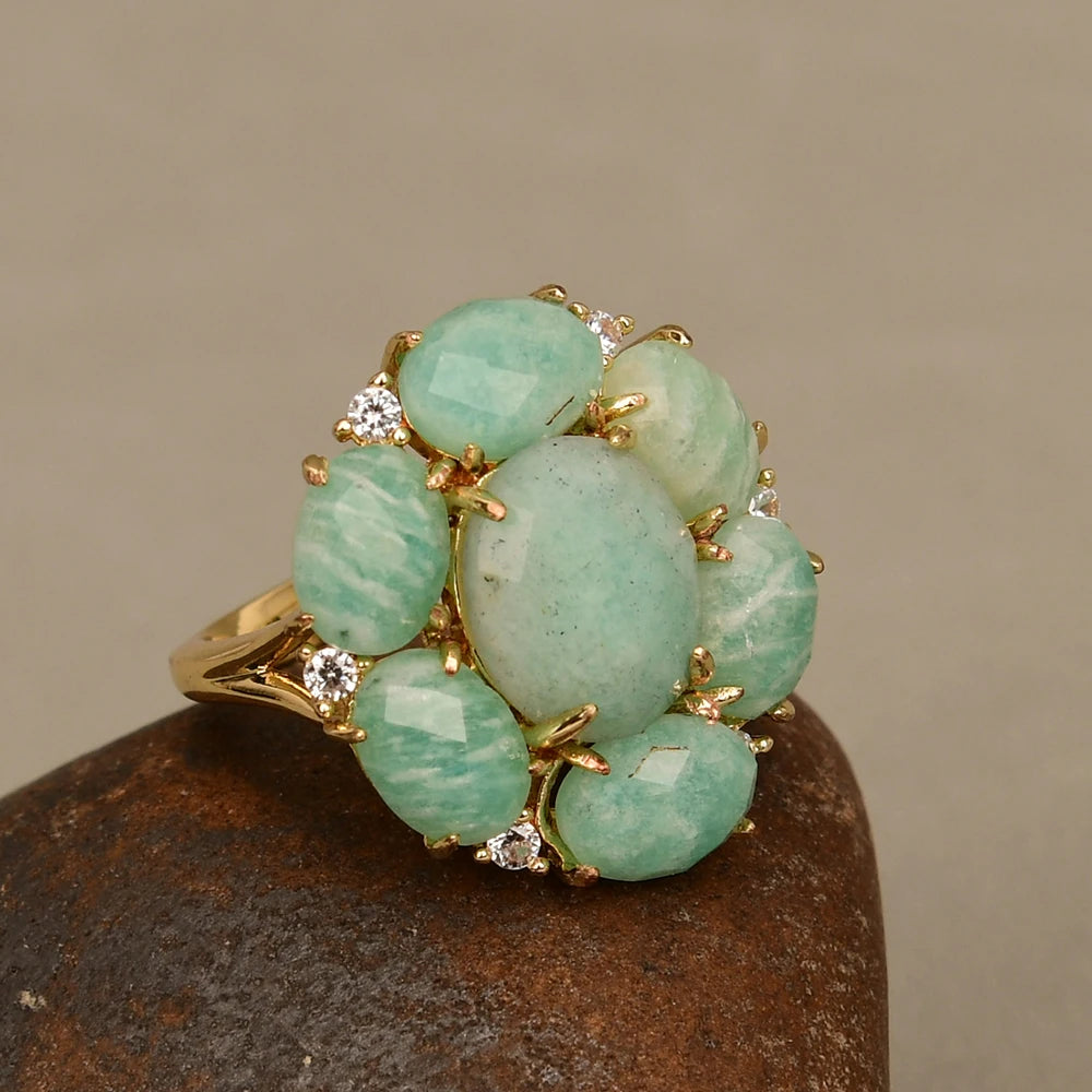 Natural Amazonite & Zirconia Flower Ring