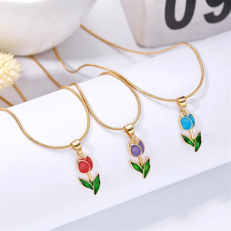 Elegant Enamel Tulip Flower Pendant Necklace