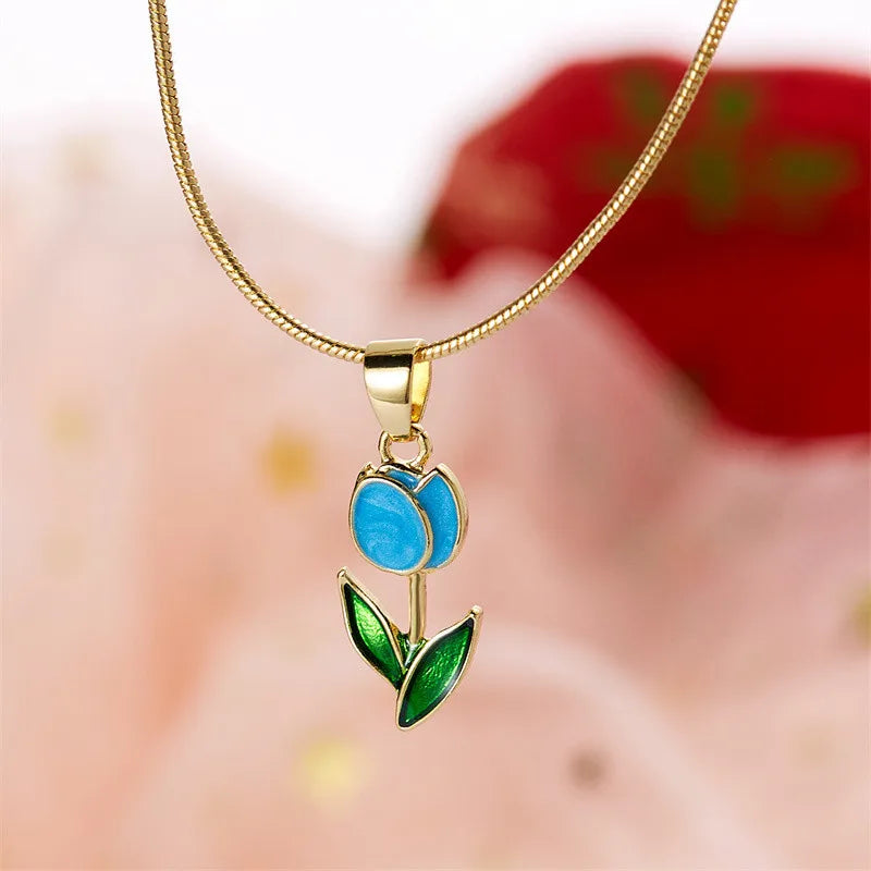 Elegant Enamel Tulip Flower Pendant Necklace