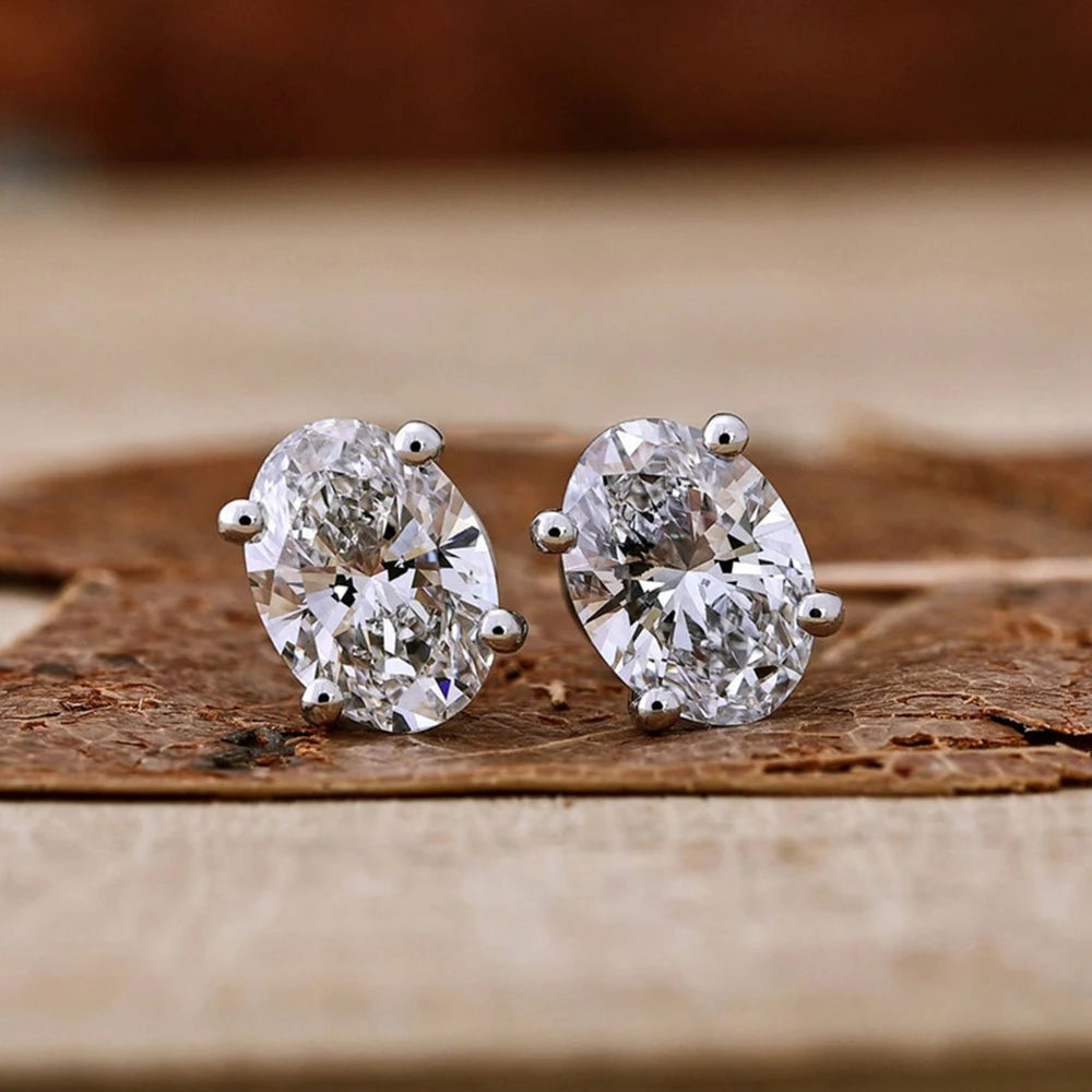 Oval Cut Moissanite Stud Earrings - Silver