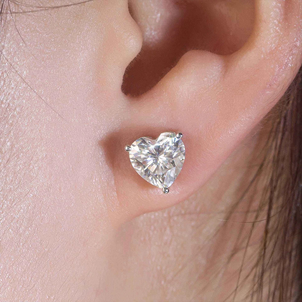 Moissanite Heart Cut Stud Earrings - Silver