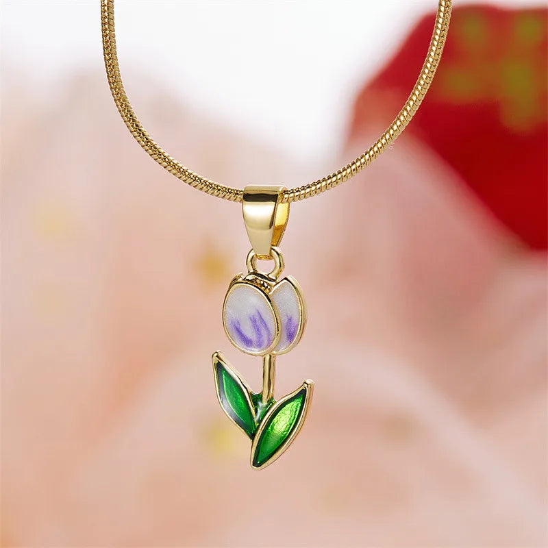 Elegant Enamel Tulip Flower Pendant Necklace