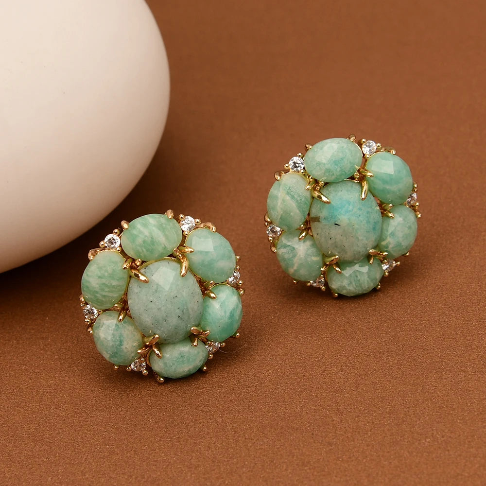 Natural Amazonite & Zirconia Flower Earrings