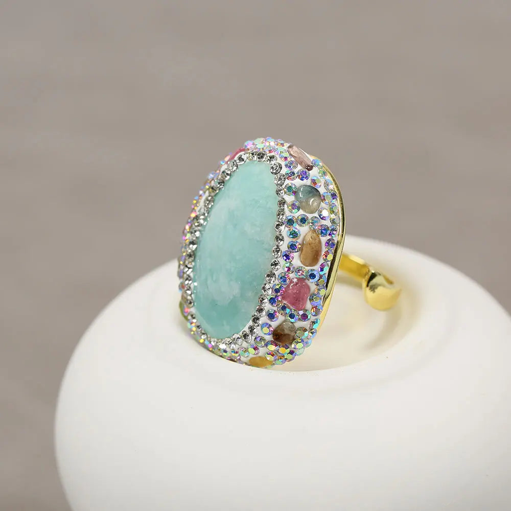 Blue Amazonite and Tourmaline Stones Ring