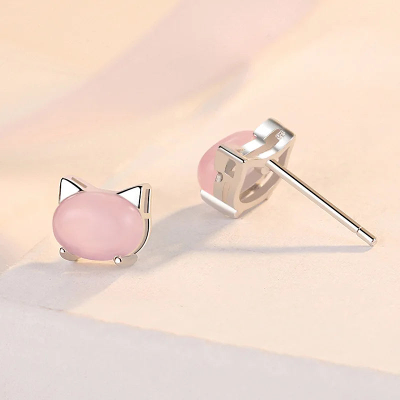Cute Pink Cat Stud Earrings - Silver