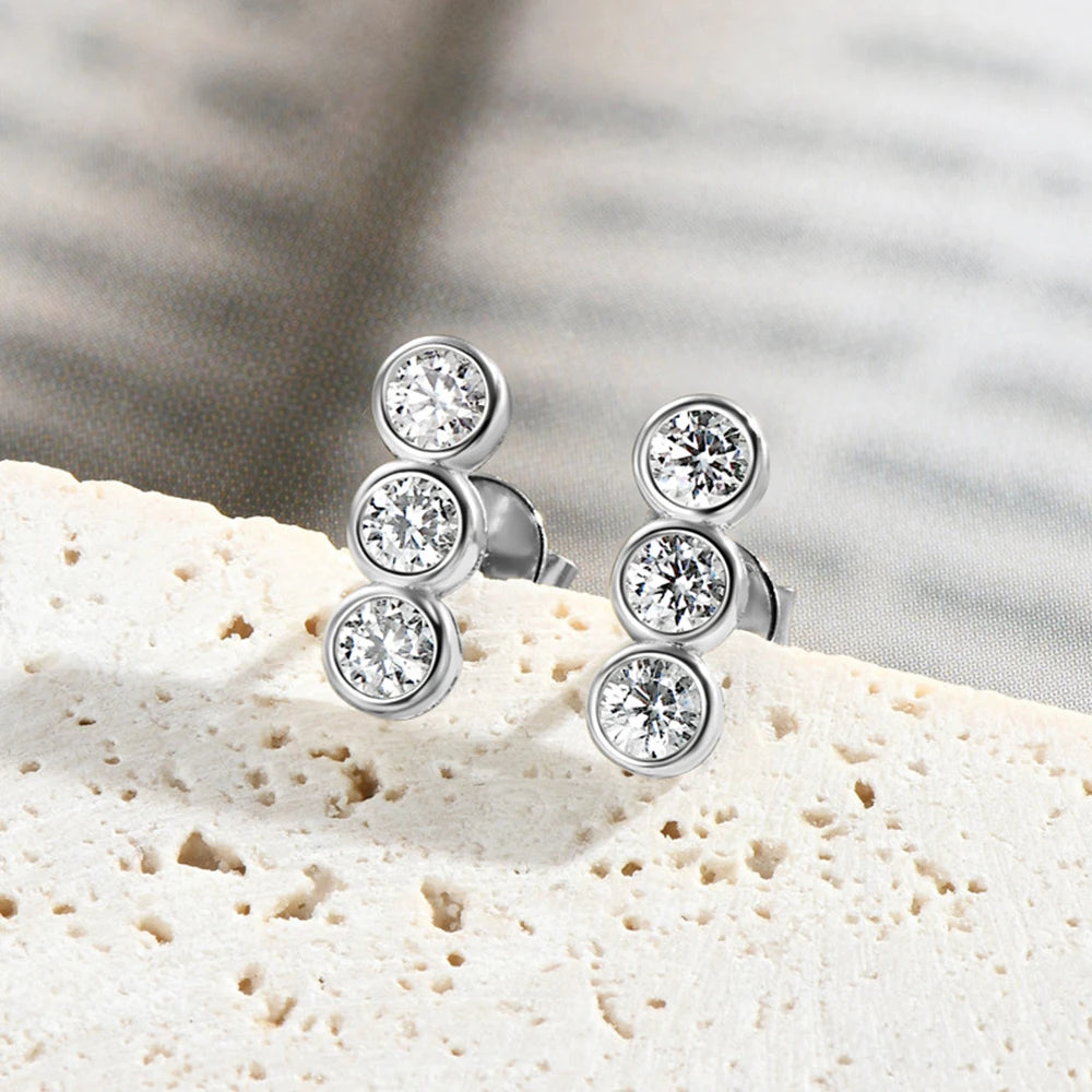 Moissanite Three Stone Bubble Earrings - Silver